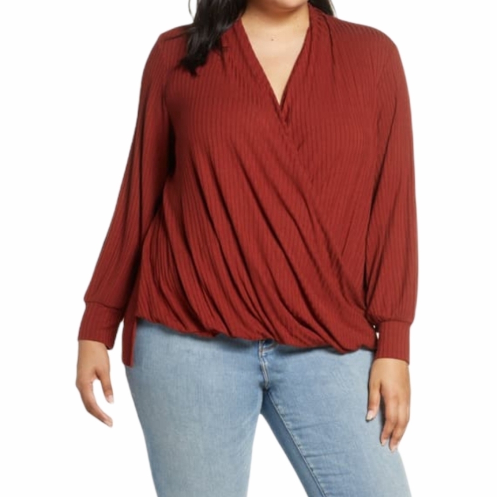NWT Single Thread Ribbed Wrap-front Top In Fried Brick Size 2X